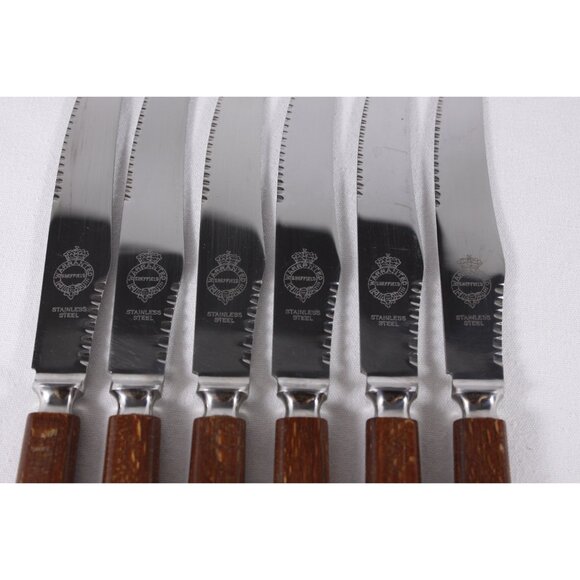 Vintage Warranted Sheffield steak knives /w wooden handles, set of 6 knives - Picture 4 of 5